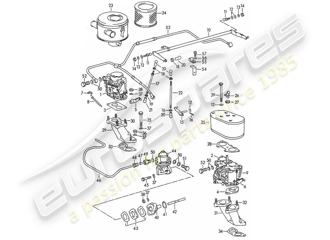 porsche 356b/356c (1963) carburetor - and - fuel supply line part diagram