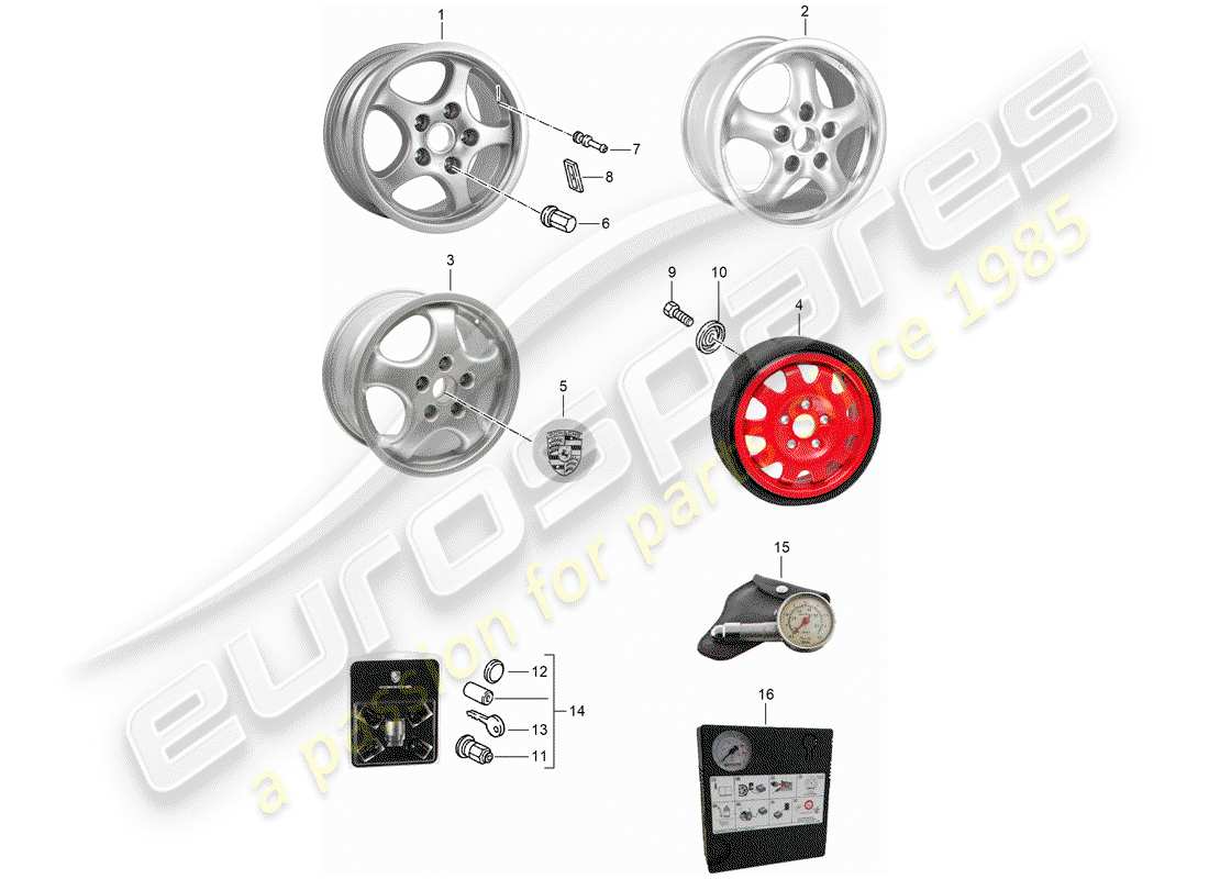 porsche 968 (1994) alloy wheel parts diagram