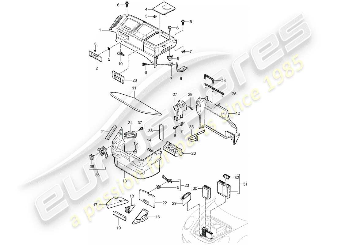 porsche 997 (2005) luggage compartment parts diagram