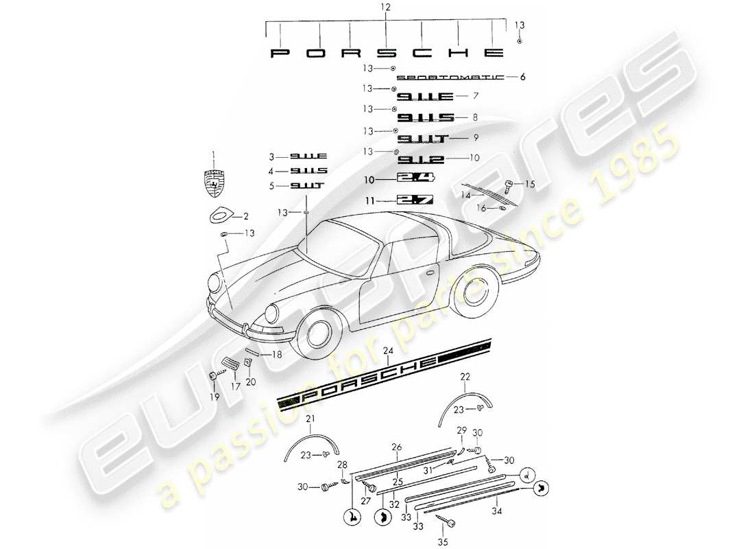 porsche 911 (1972) decorative fittings part diagram