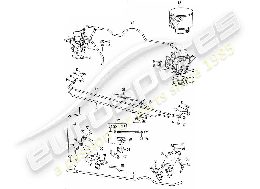 porsche 356/356a (1958) carburetor - solex 32pbj - solex 40pjcb - and - fuel supply line - fuel pump parts diagram