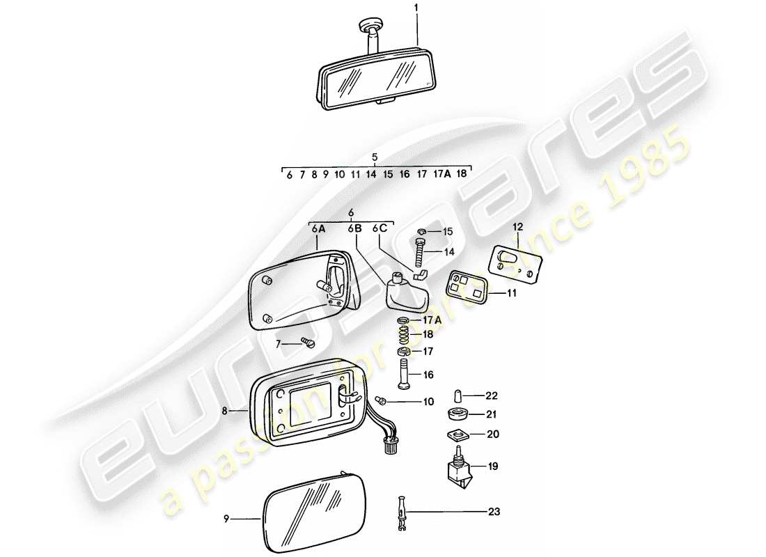 porsche 911 (1985) rear view mirror inner - rear view mirror part diagram