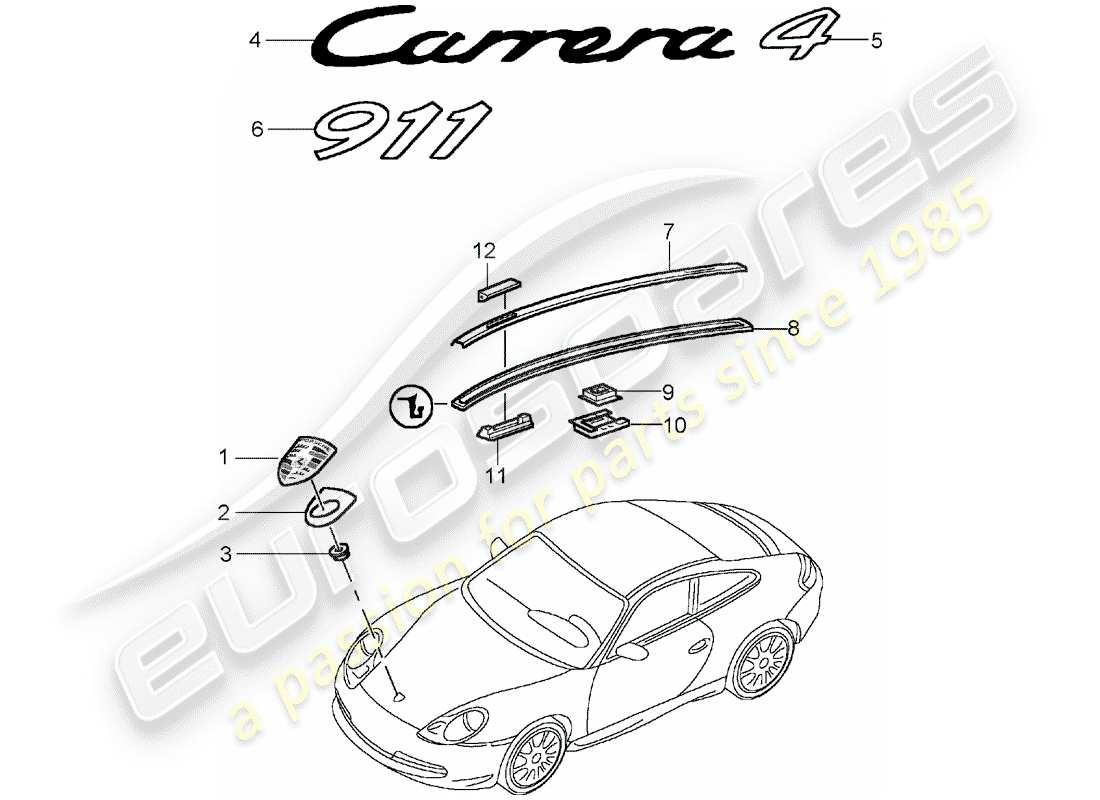 porsche 996 (2000) nameplates - moldings part diagram