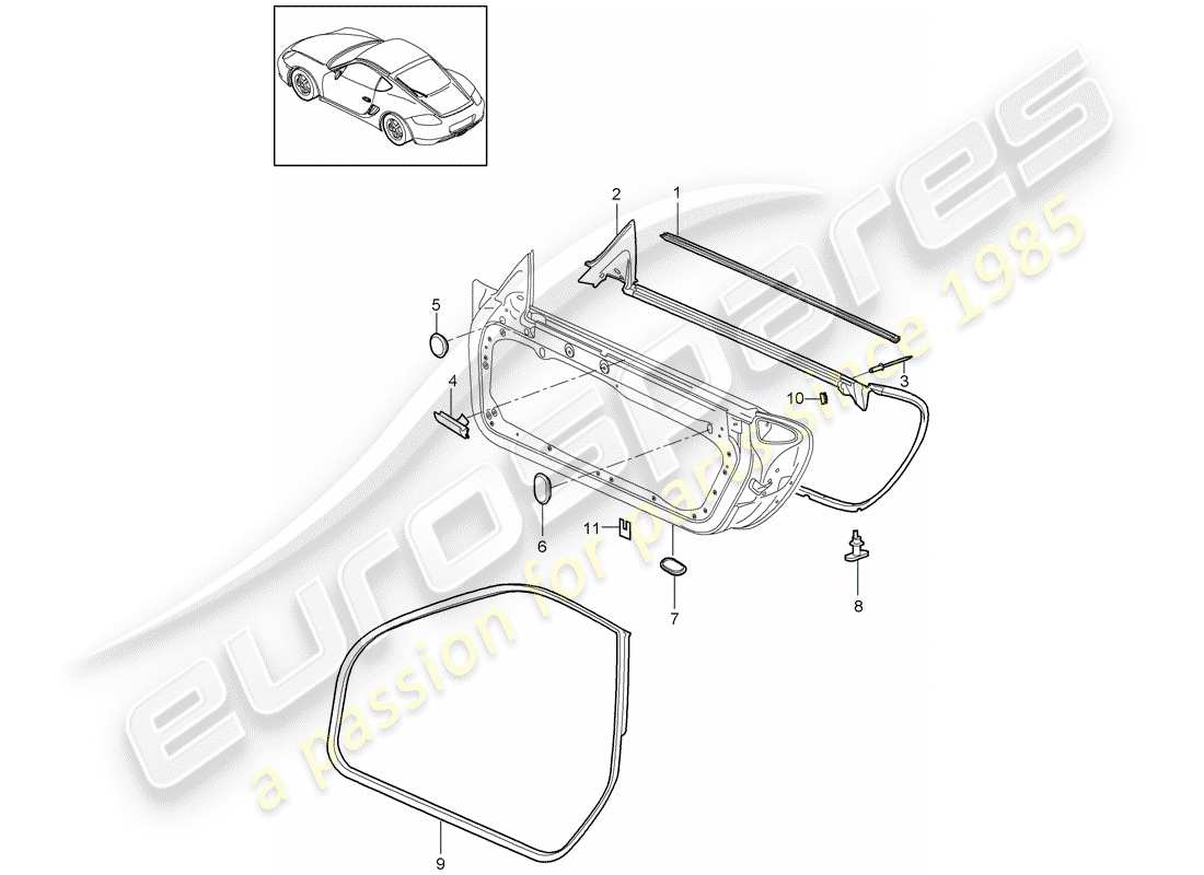 porsche cayman 987 (2010) door seal parts diagram