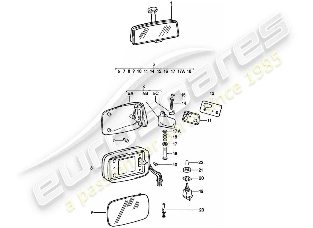 porsche 911 (1983) rear-view mirror - rear view mirror parts diagram