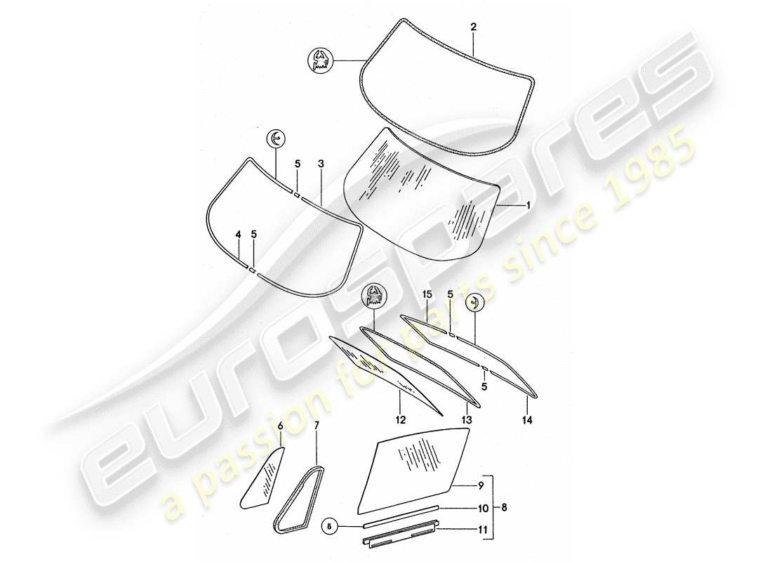 porsche 911 turbo (1977) window glazing part diagram