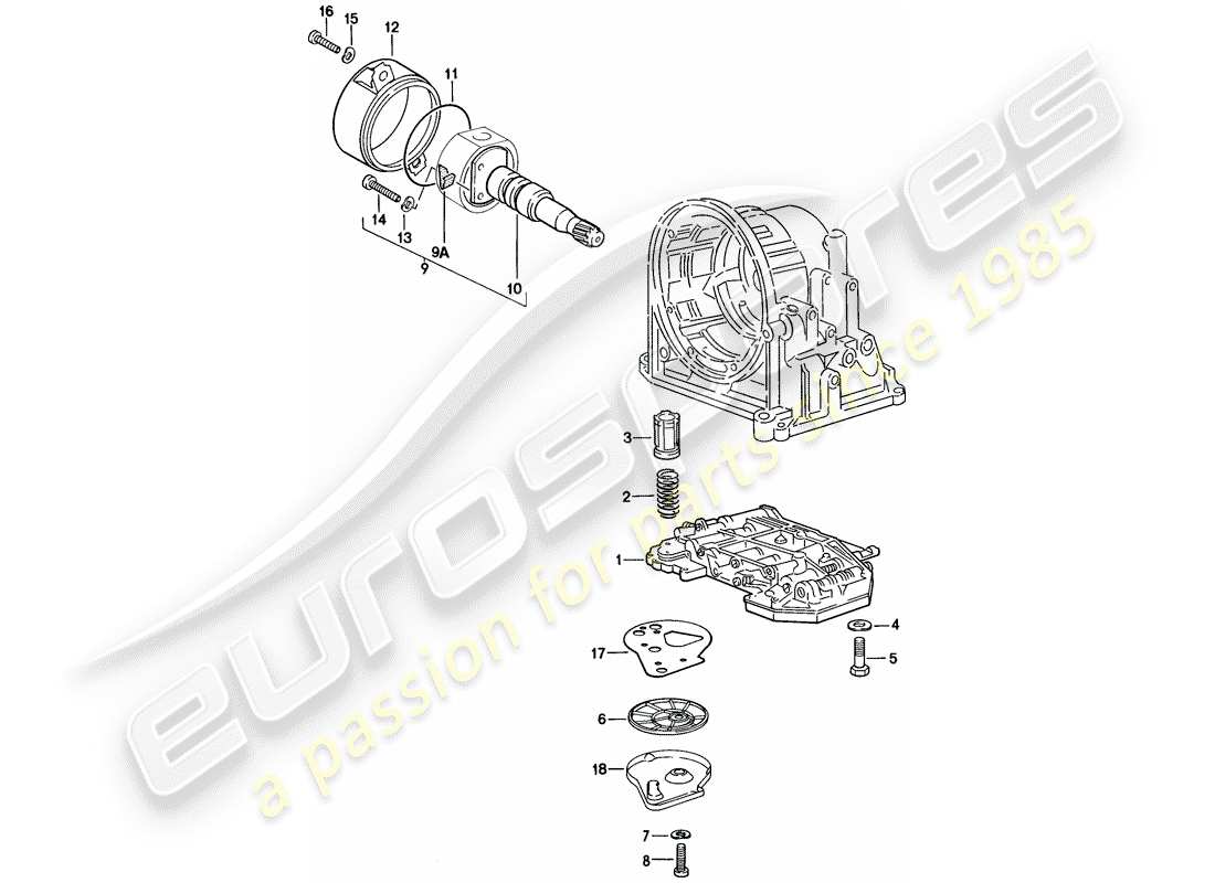 porsche 924 (1979) valve body - oil strainer - governor - automatic transmission parts diagram