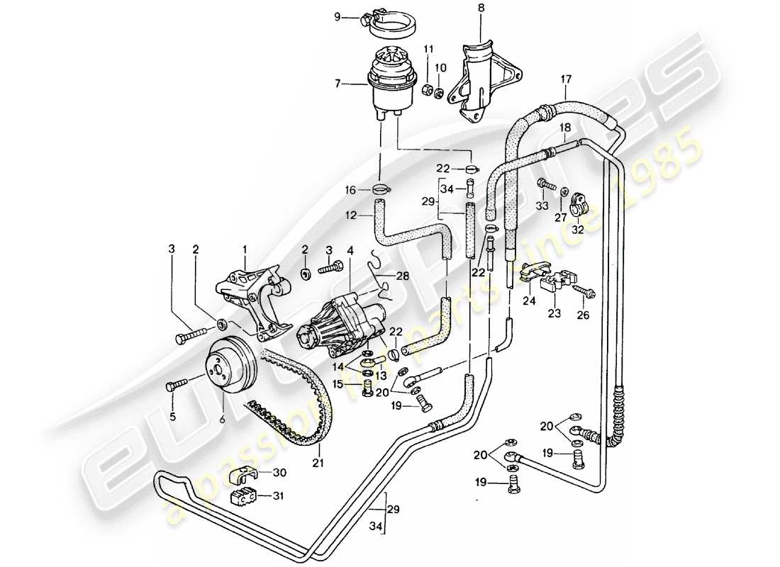 porsche 928 (1992) power steering - lines parts diagram