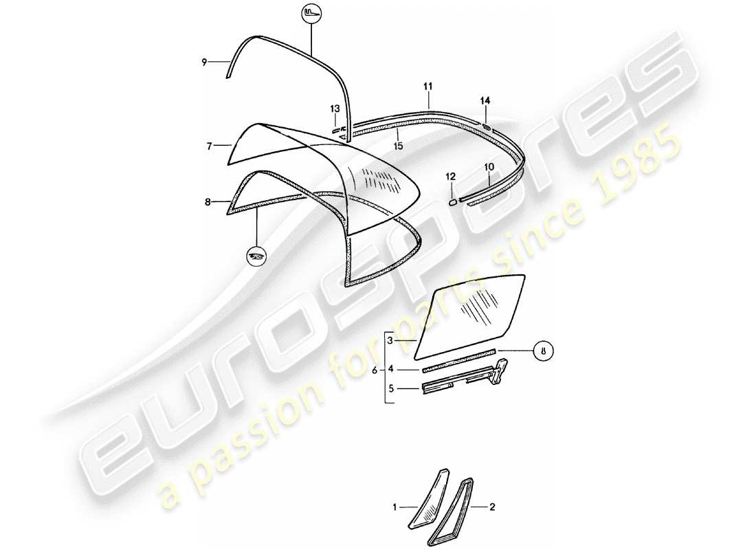 porsche 911 (1983) window glazing parts diagram