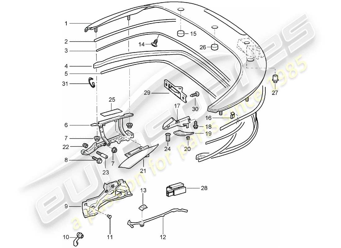 porsche 996 (2004) top stowage box - cover - gaskets parts diagram