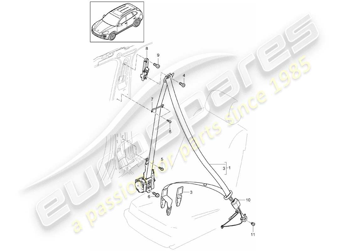 porsche cayenne e2 (2011) three-point seat belt part diagram