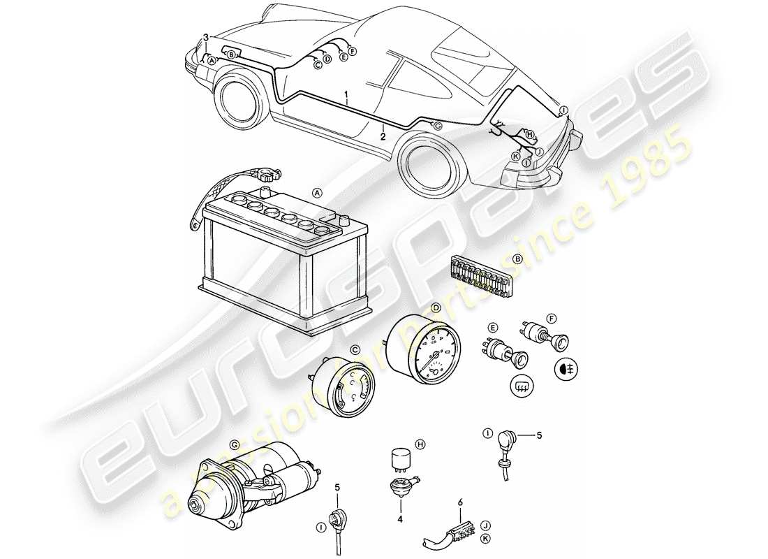 porsche 911 (1986) wiring harnesses - passenger compartment - battery starter cable - luggage compartment floor part diagram