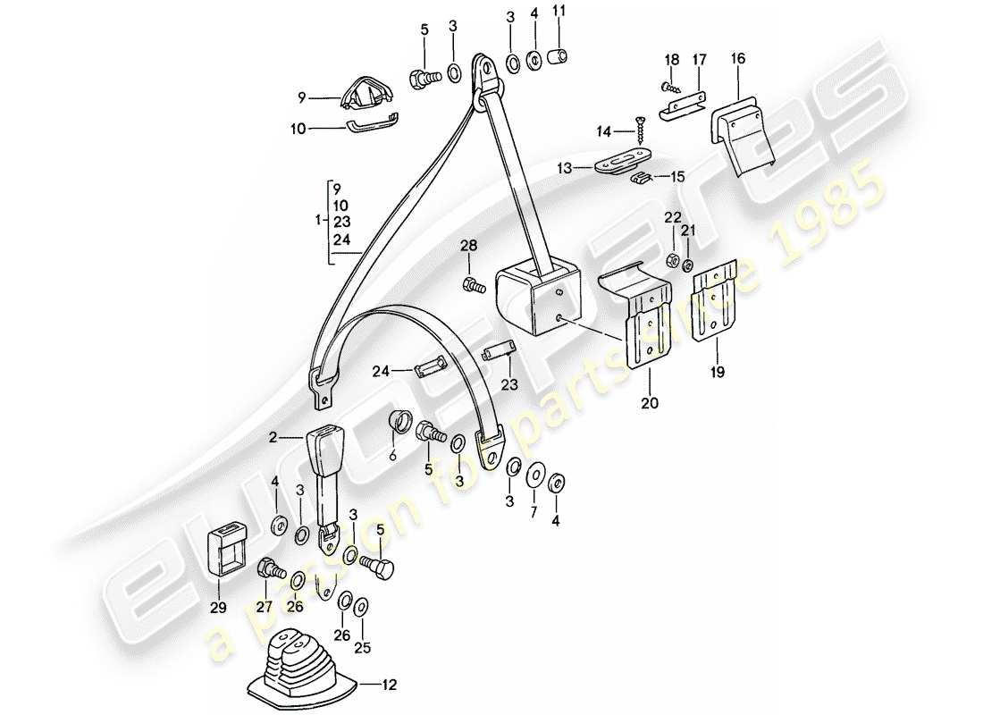 porsche 911 (1985) seat belt part diagram