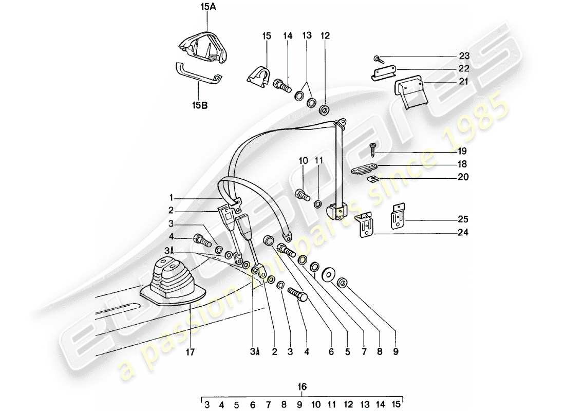 porsche 911 (1983) seat belt parts diagram