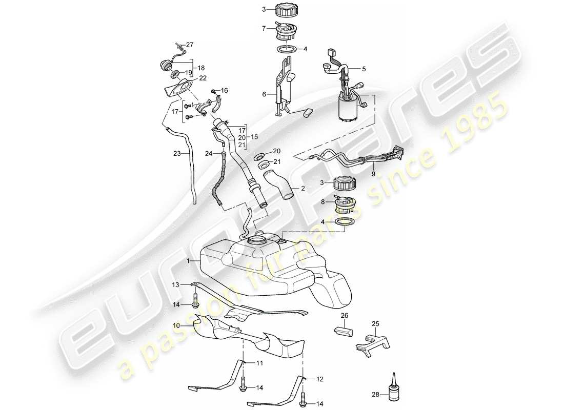 porsche 997 t/gt2 (2009) fuel tank parts diagram