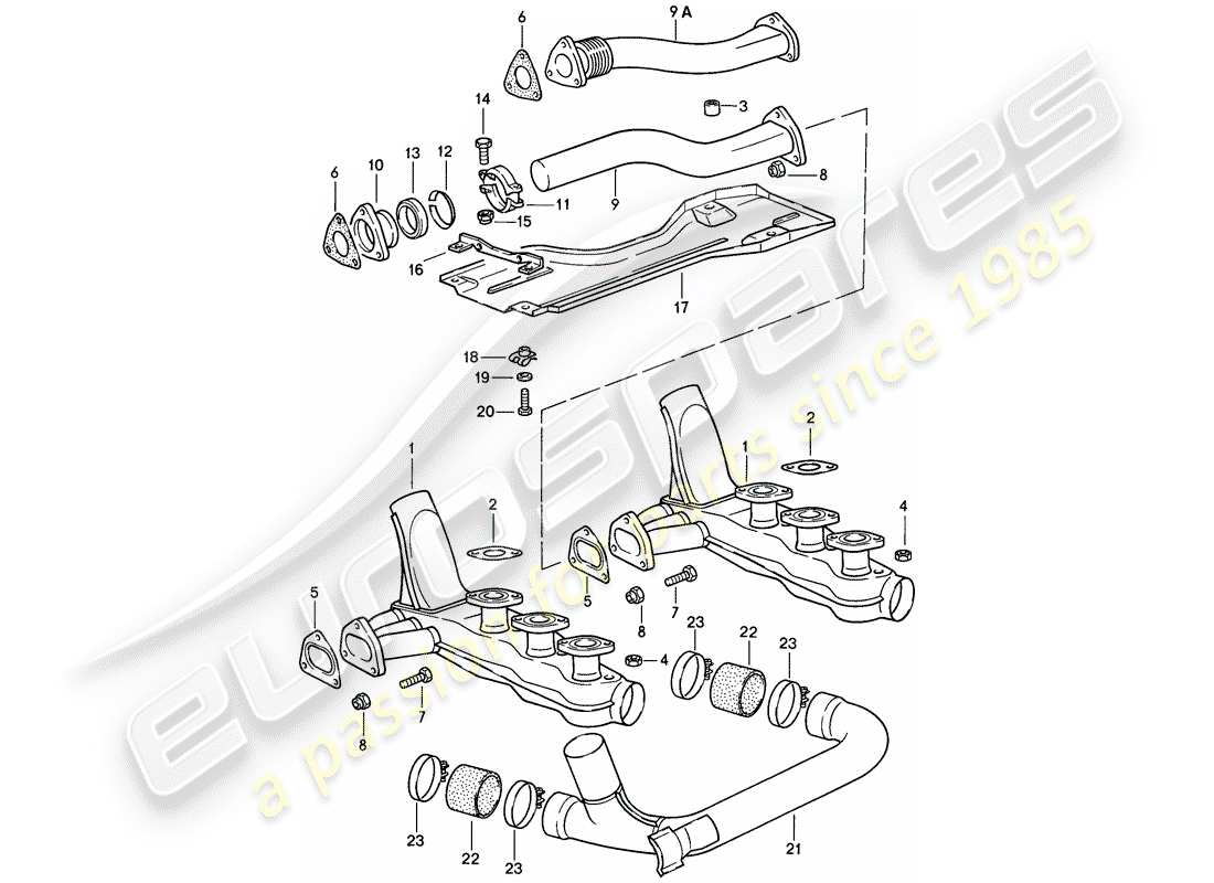 porsche 911 (1984) exhaust system - heater core parts diagram