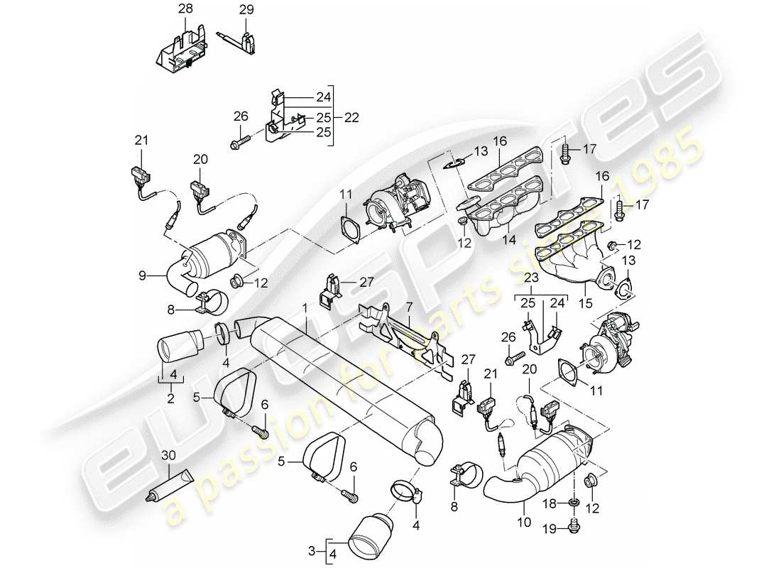 porsche 997 t/gt2 (2009) exhaust system parts diagram