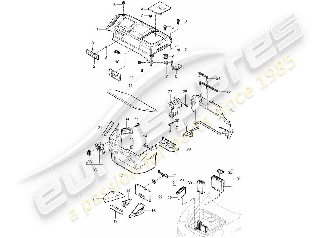 porsche 997 t/gt2 (2007) luggage compartment parts diagram