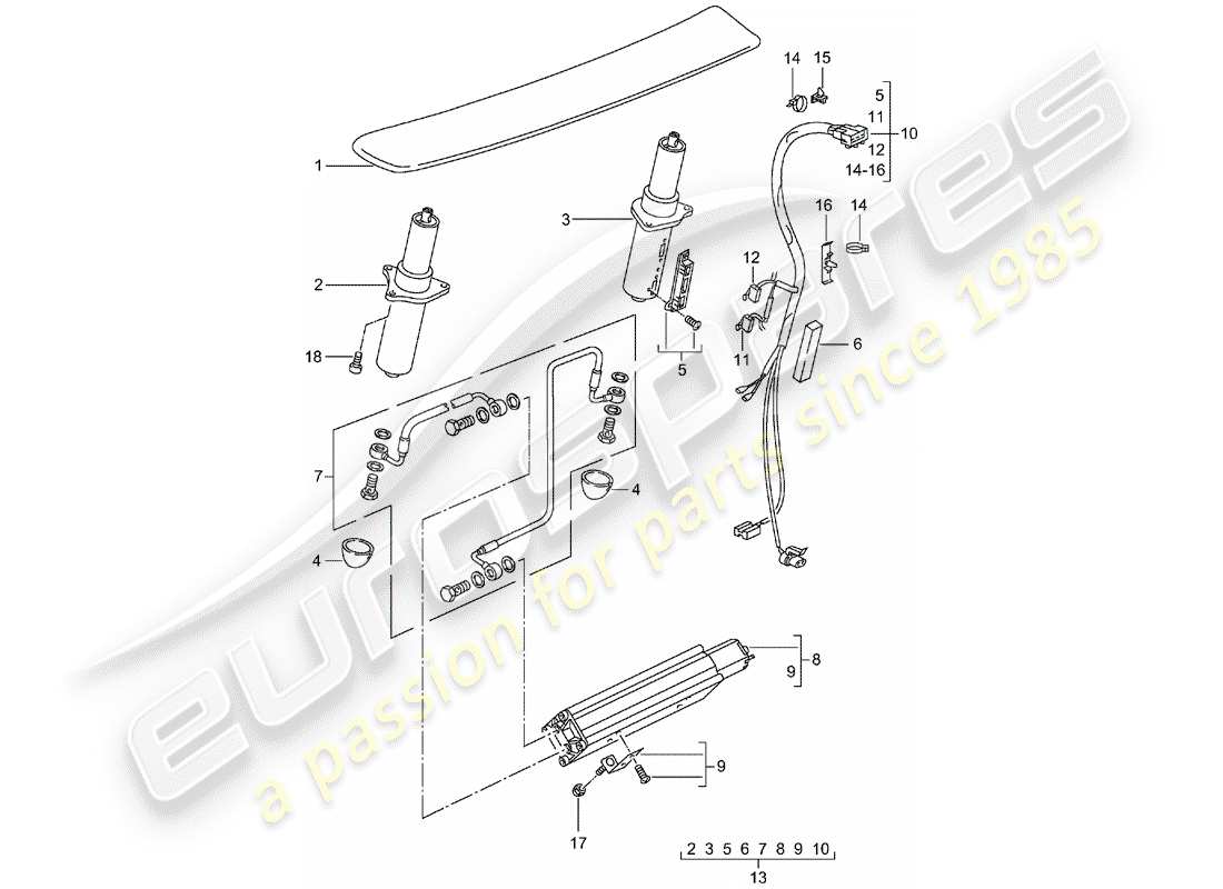 porsche 996 t/gt2 (2005) rear spoiler part diagram