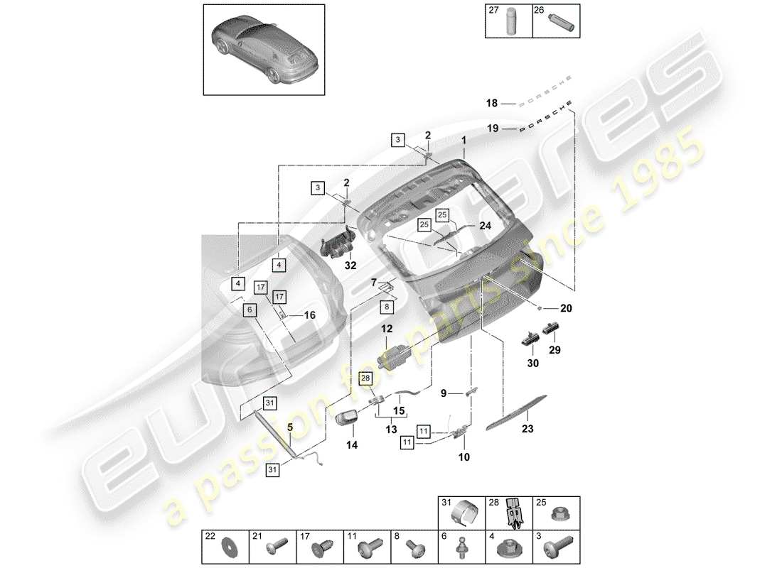 porsche panamera 971 (2019) rear trunk lid part diagram