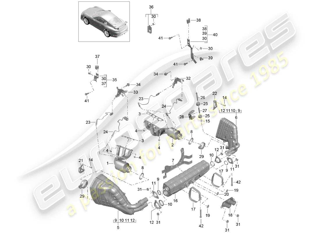 porsche 991r/gt3/rs (2016) exhaust system parts diagram