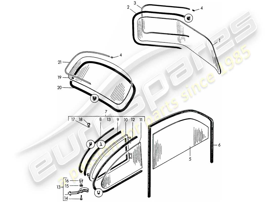 porsche 356/356a (1958) window glazing parts diagram