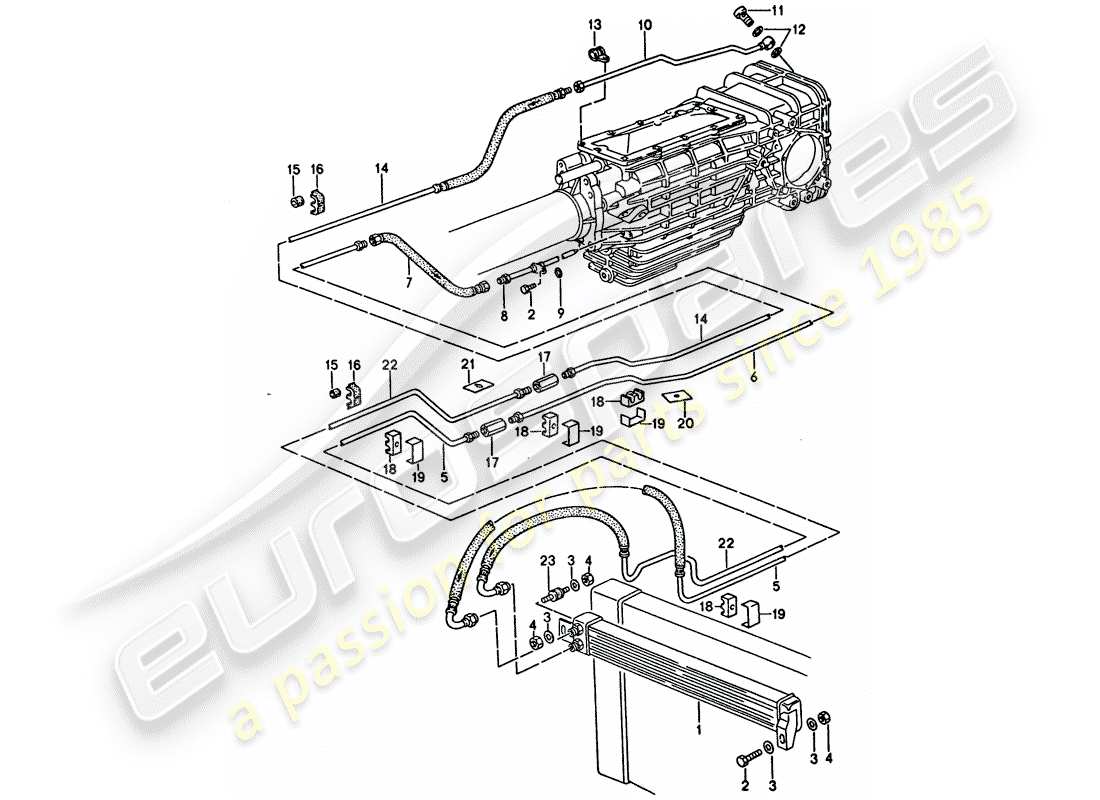 porsche 928 (1994) manual gearbox - oil cooling - lines parts diagram