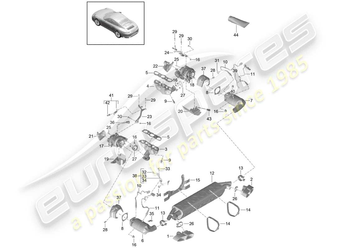 porsche 991 turbo (2014) exhaust system parts diagram