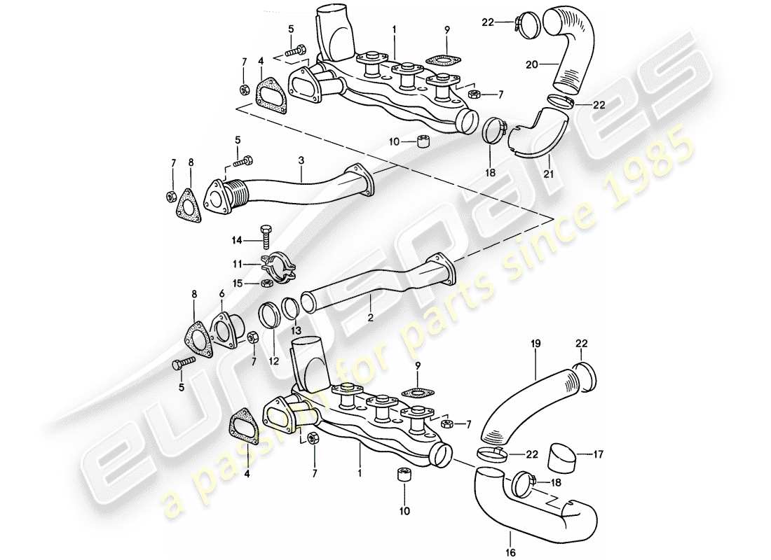 porsche 911 (1985) exhaust system - heater core part diagram