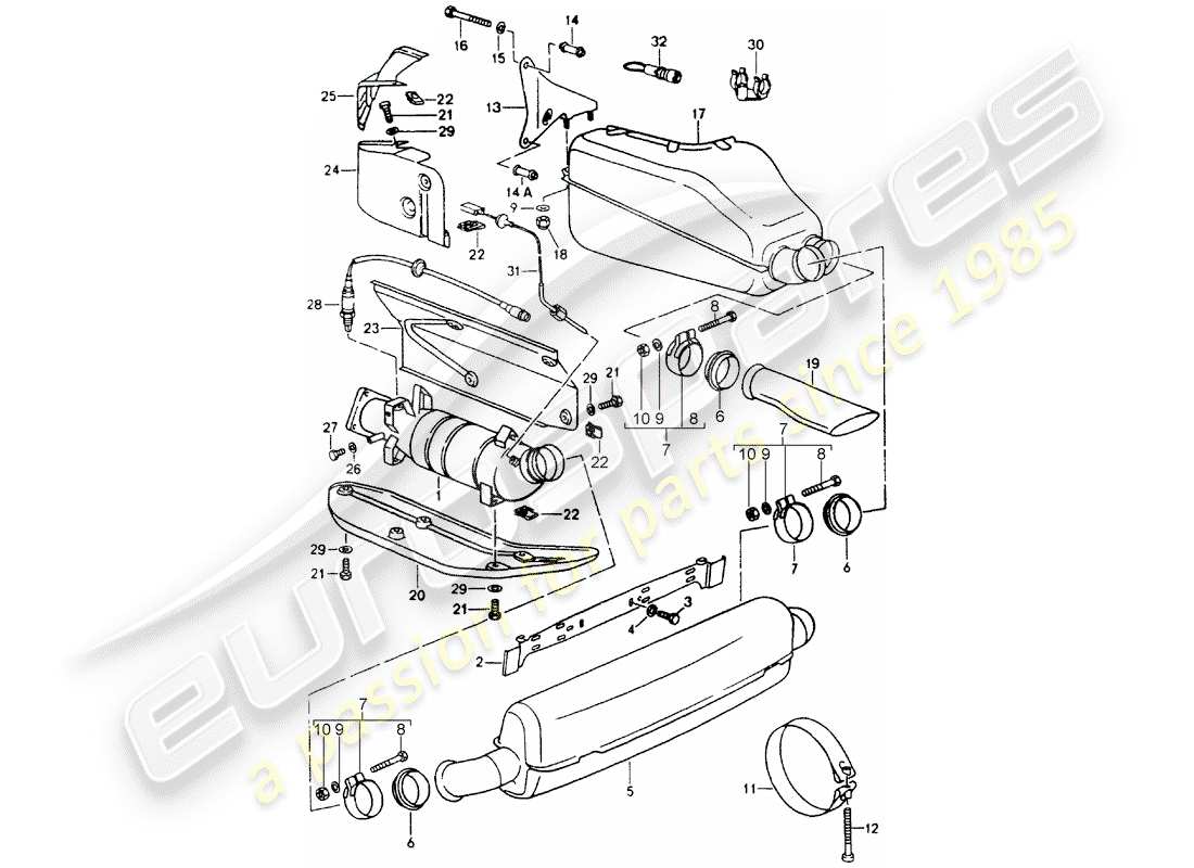 porsche 964 (1990) exhaust system - muffler - exhaust - catalyst part diagram