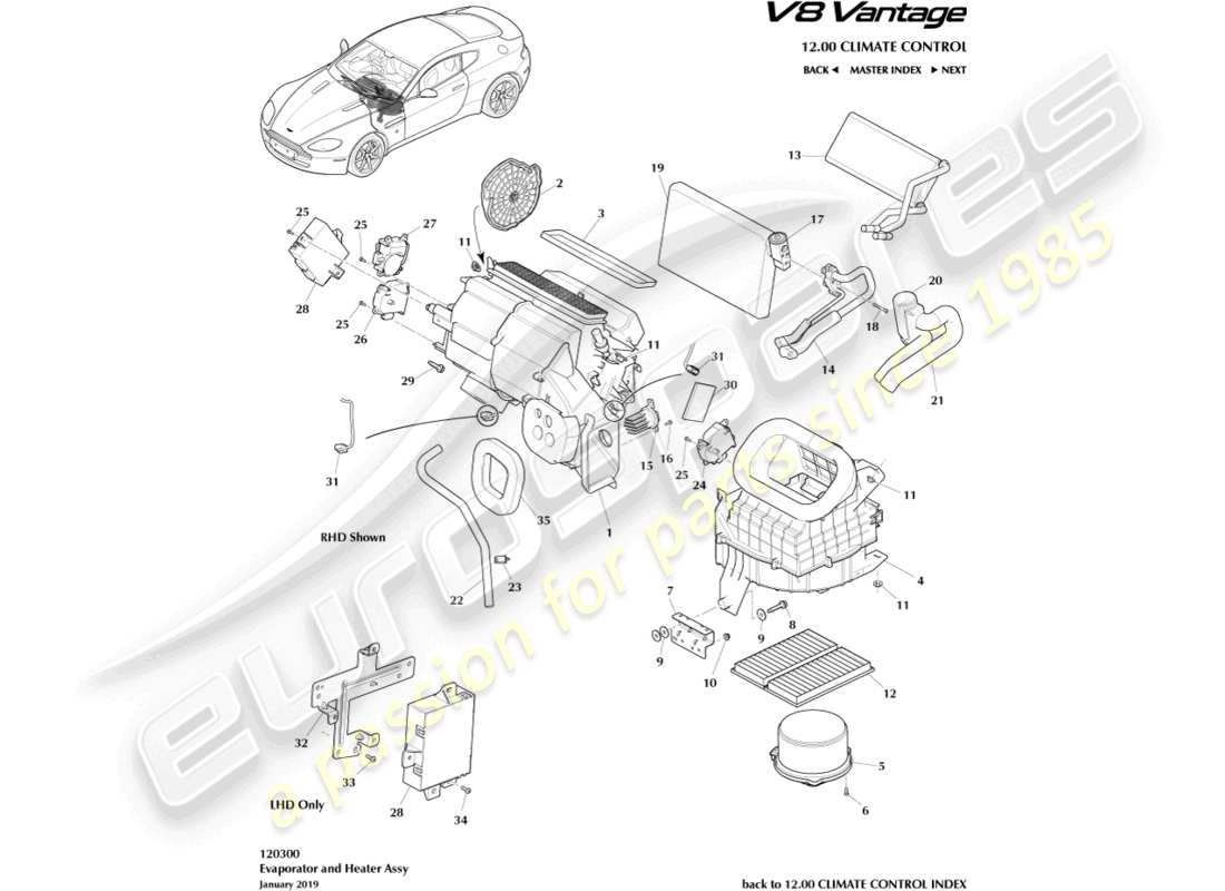 aston martin v8 vantage (2006) evaporator & heater parts diagram