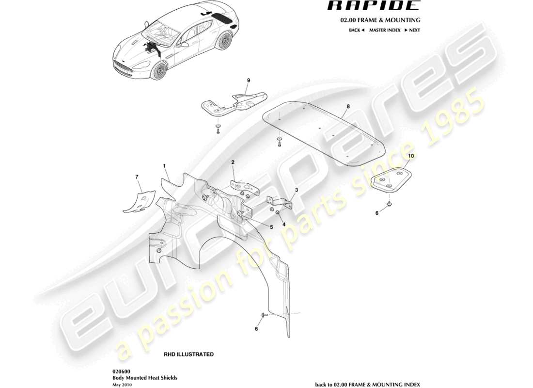 aston martin rapide (2011) heat shields part diagram