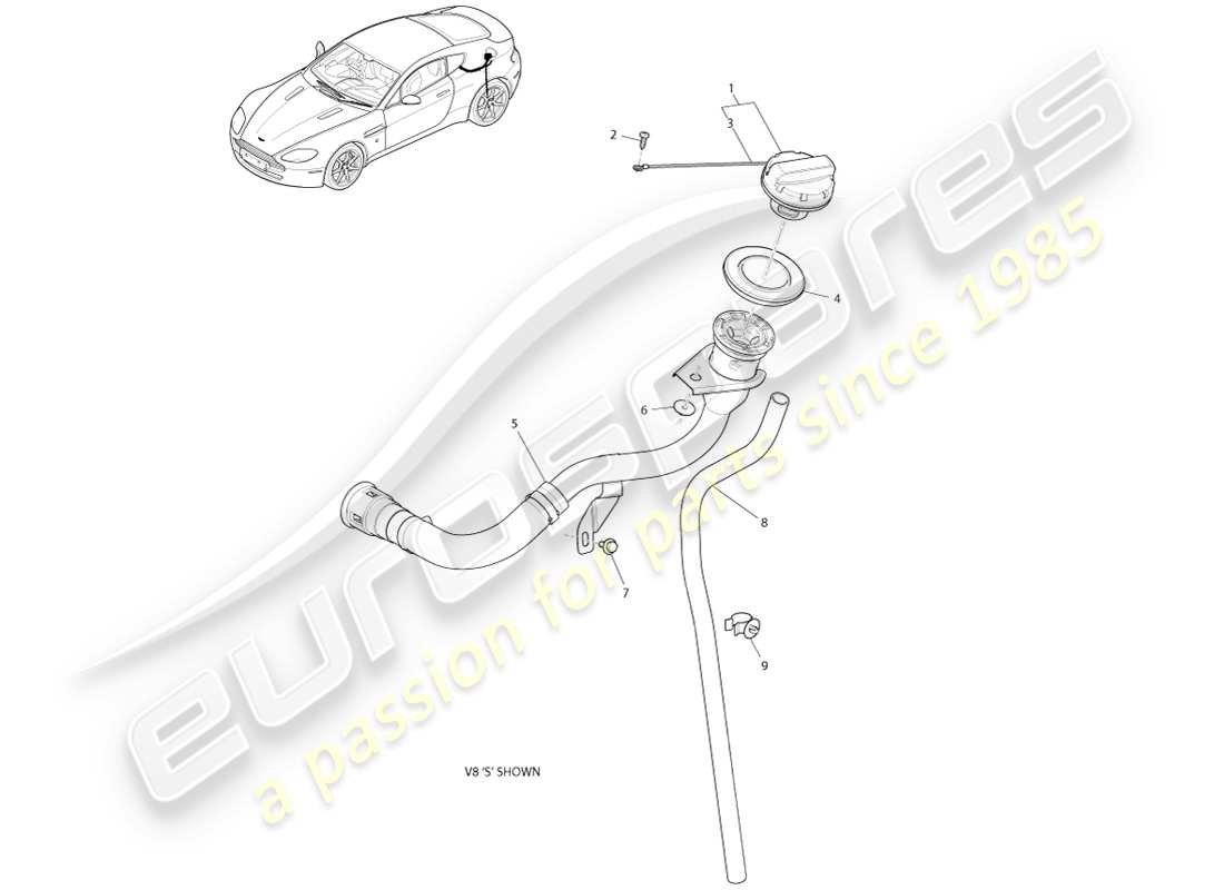 aston martin v8 vantage (2007) fuel filler cap & pipe part diagram