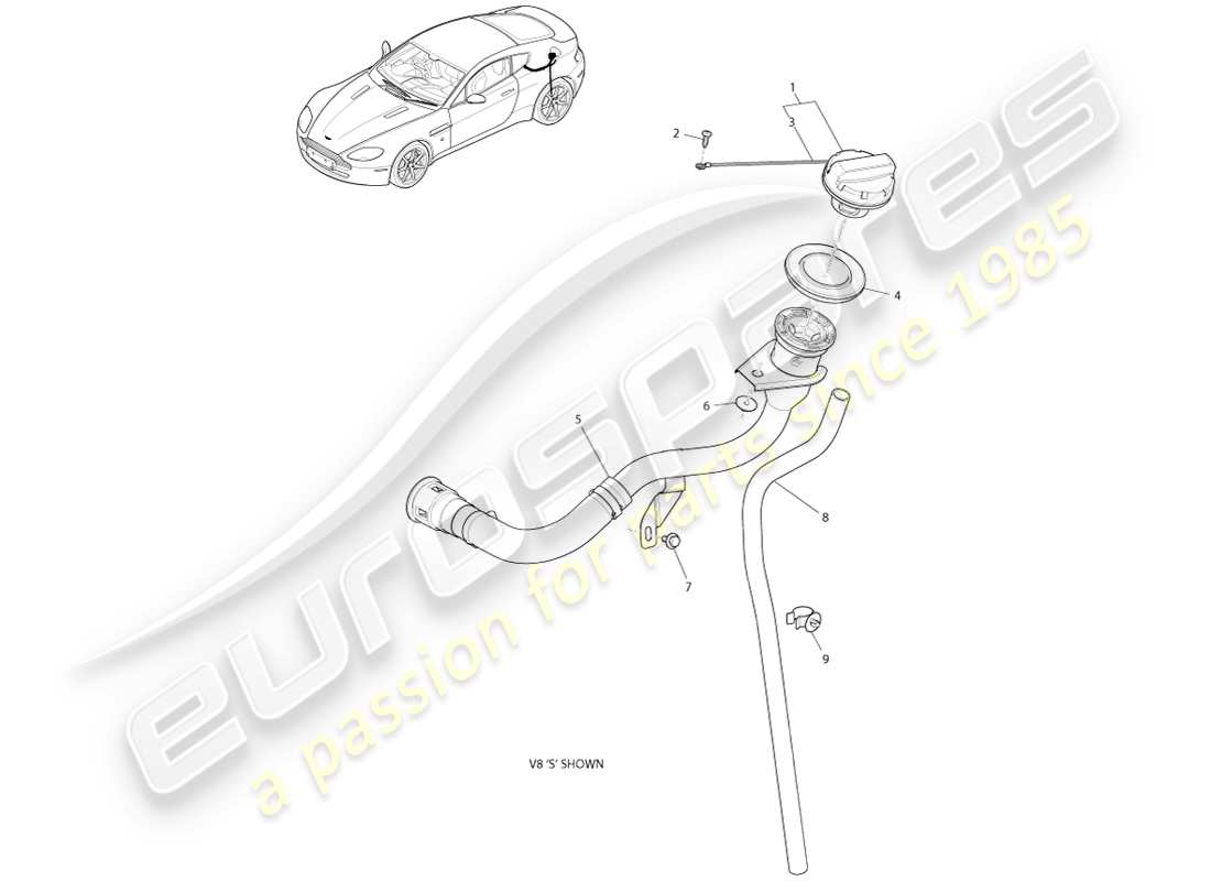 aston martin v8 vantage (2005) fuel filler cap & pipe part diagram