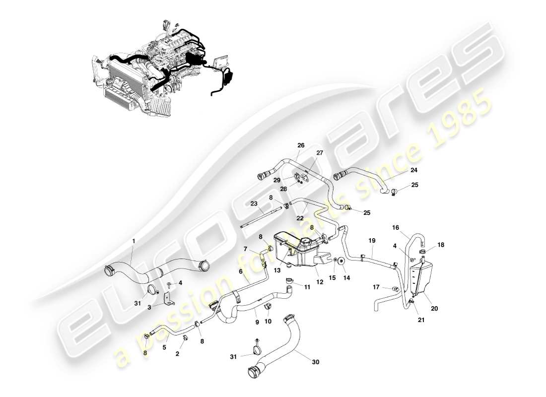 aston martin v8 vantage (2007) coolant hoses & reservoir part diagram