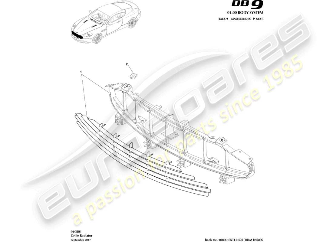 aston martin db9 (2007) radiator grille part diagram