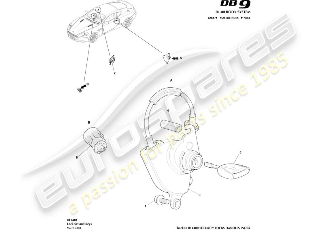 aston martin db9 (2007) lock set and keys parts diagram