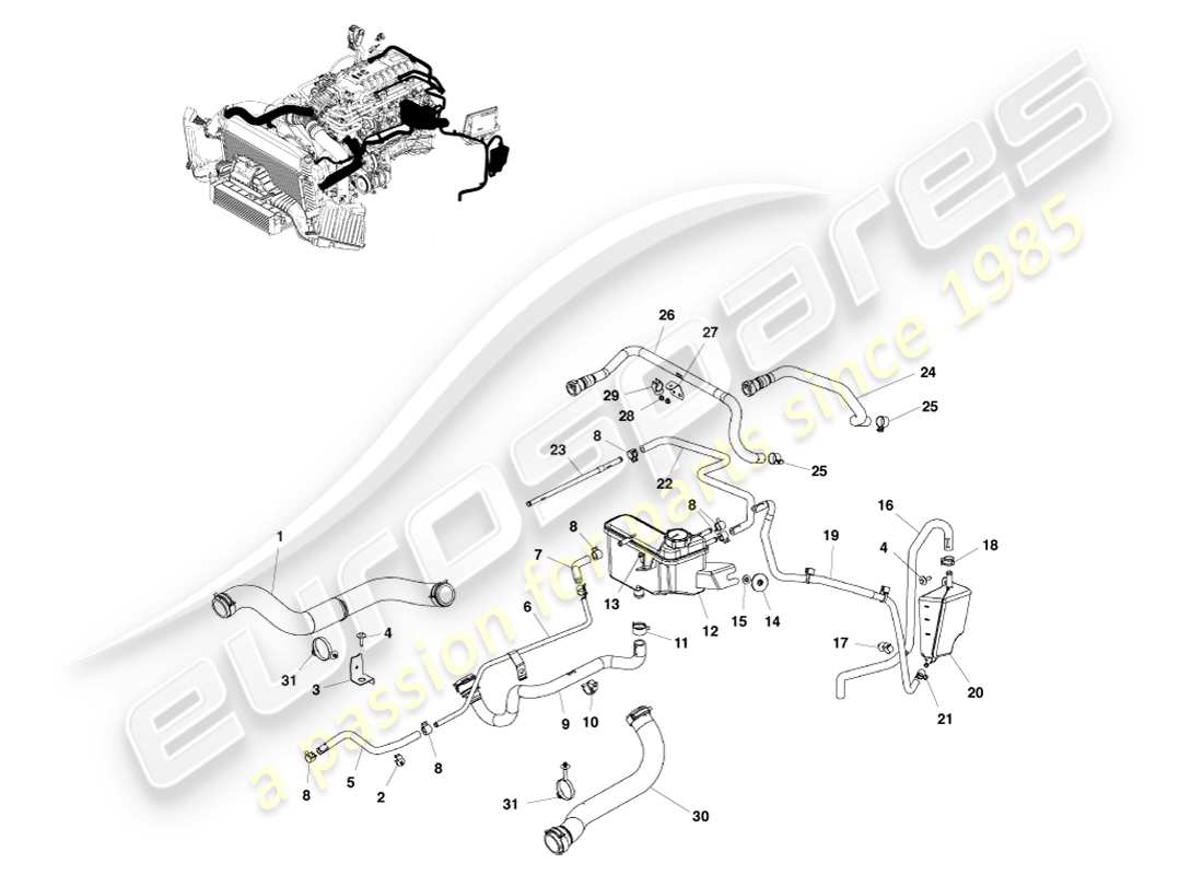 aston martin v8 vantage (2005) coolant hoses & reservoir part diagram