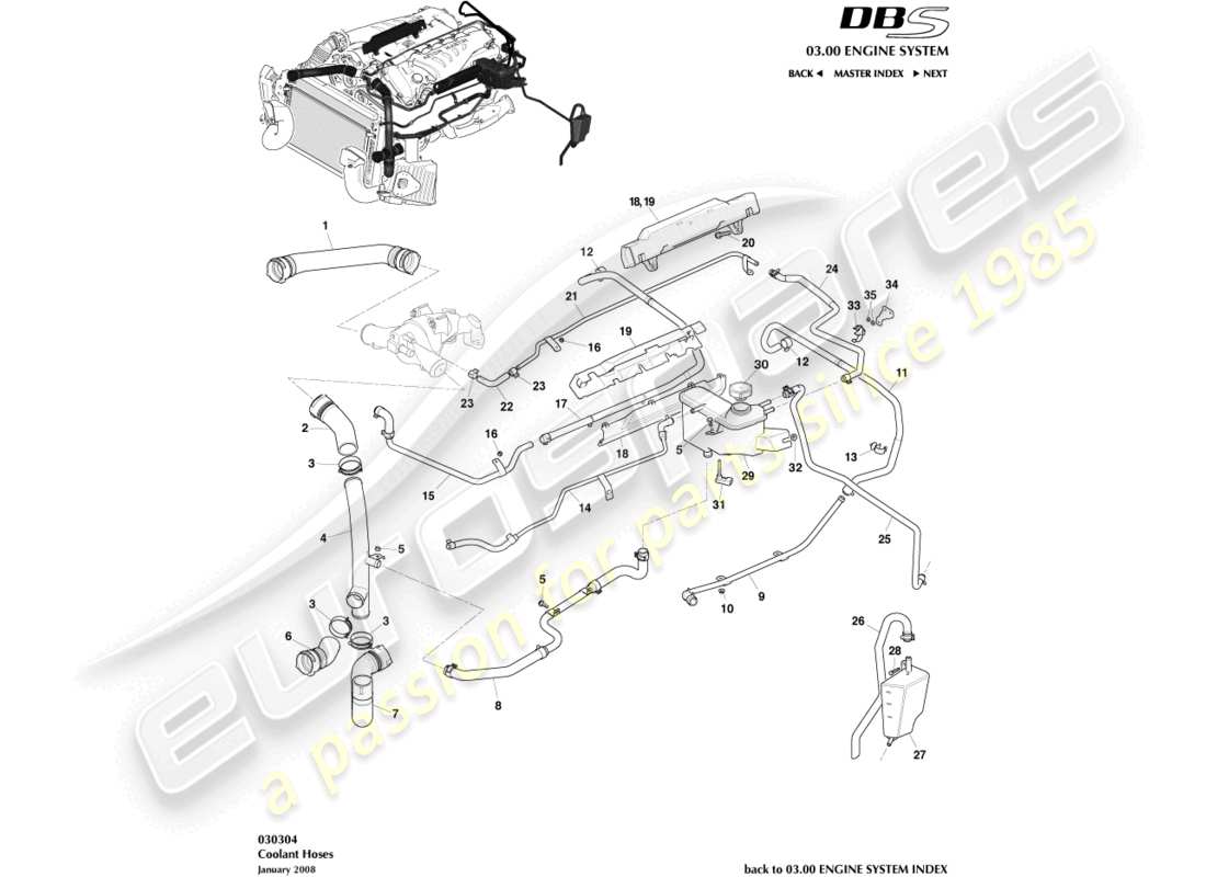 aston martin dbs (2007) coolant hoses & reservoir parts diagram