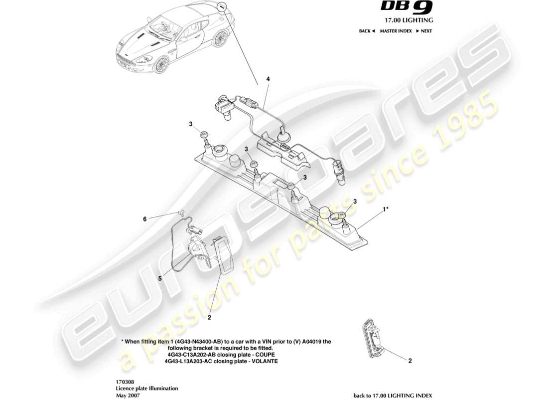 aston martin db9 (2007) license plate lamps part diagram