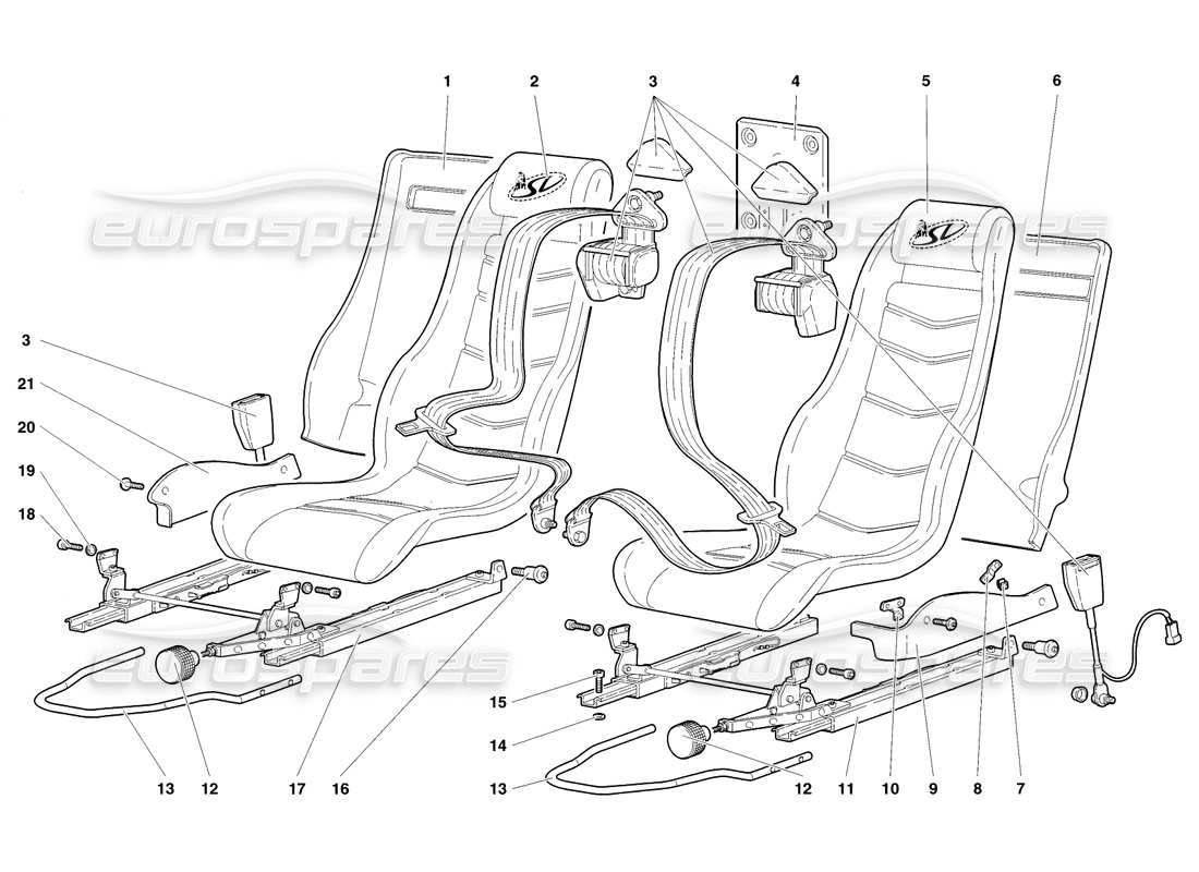 lamborghini diablo sv (1998) seats and safety belts parts diagram