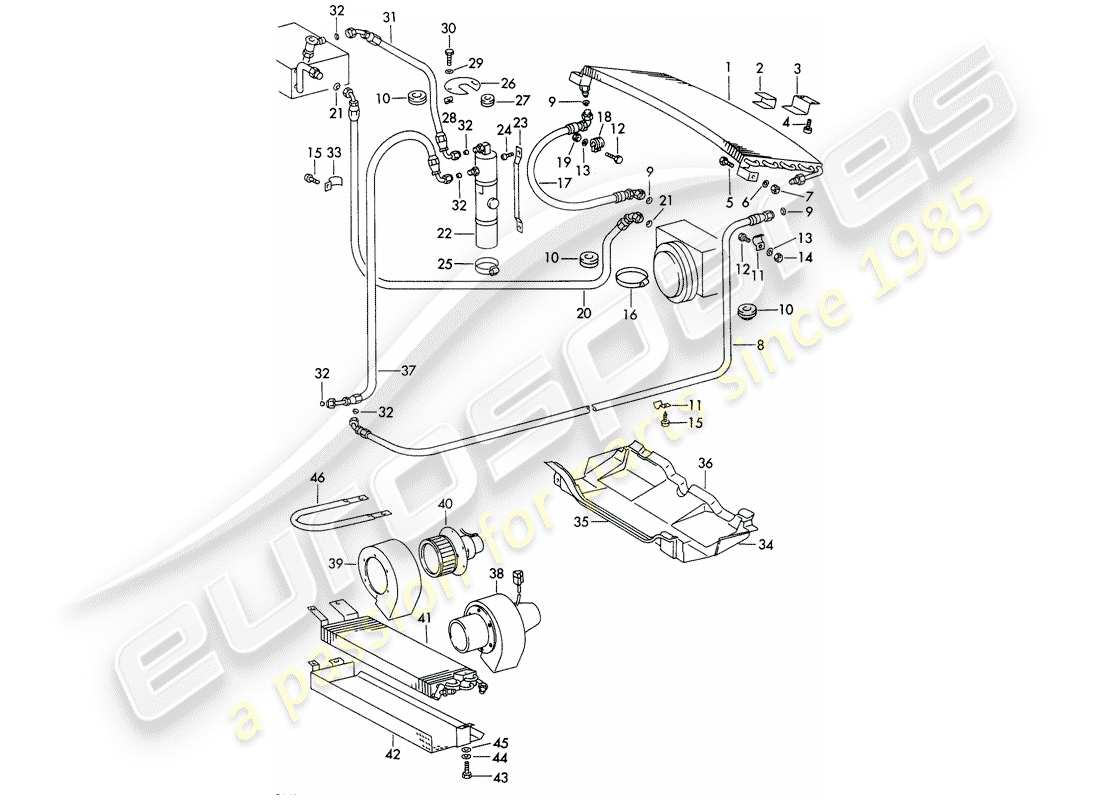 porsche 911 (1973) air conditioner - capacitor - hoses - and - fasteners - not for: - (usa) part diagram