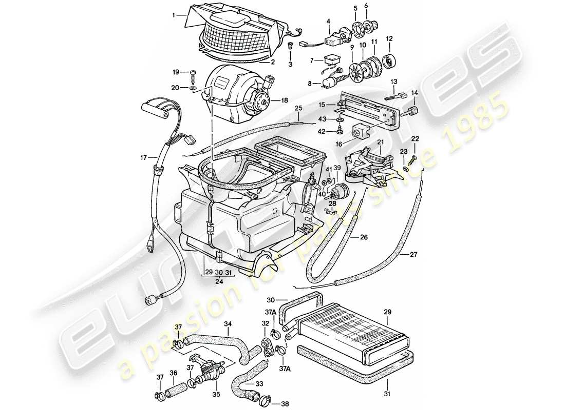 porsche 924s (1988) heater - fan - heater core part diagram