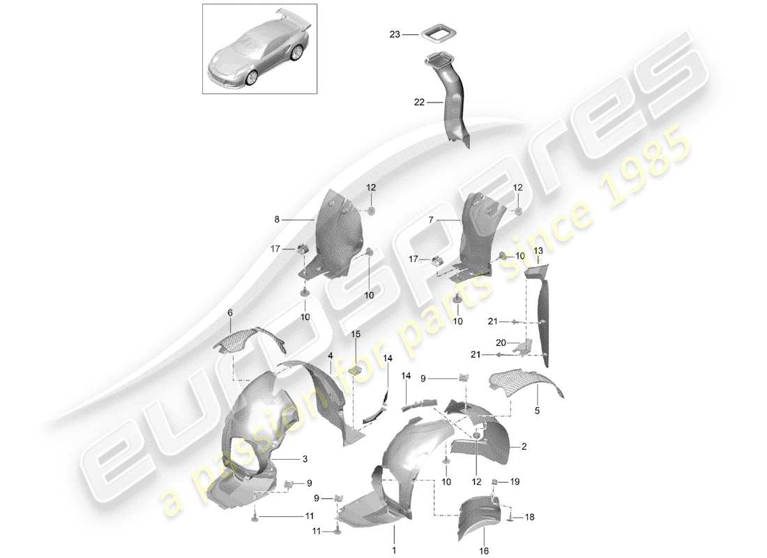 porsche 991r/gt3/rs (2016) wheelhouse protector parts diagram