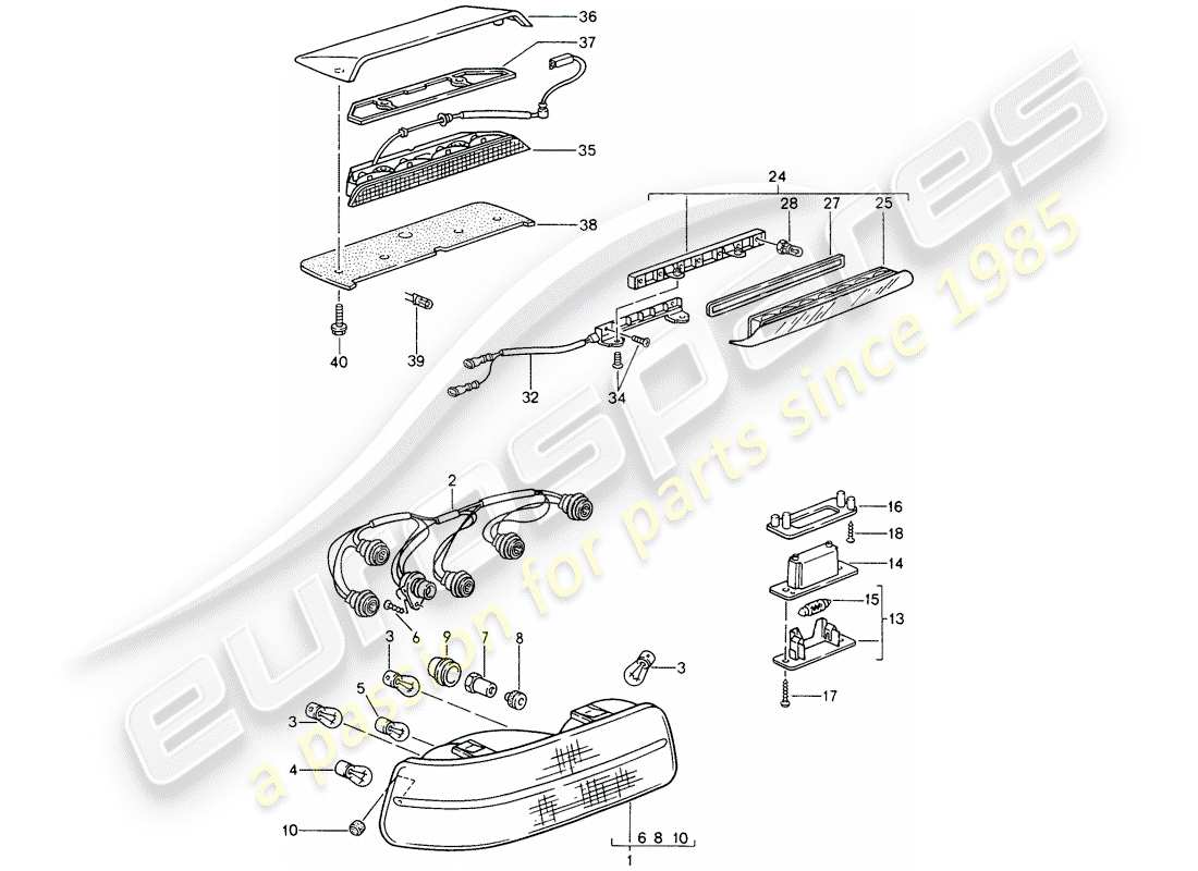 porsche 968 (1994) rear light - license plate light - additional brake light part diagram