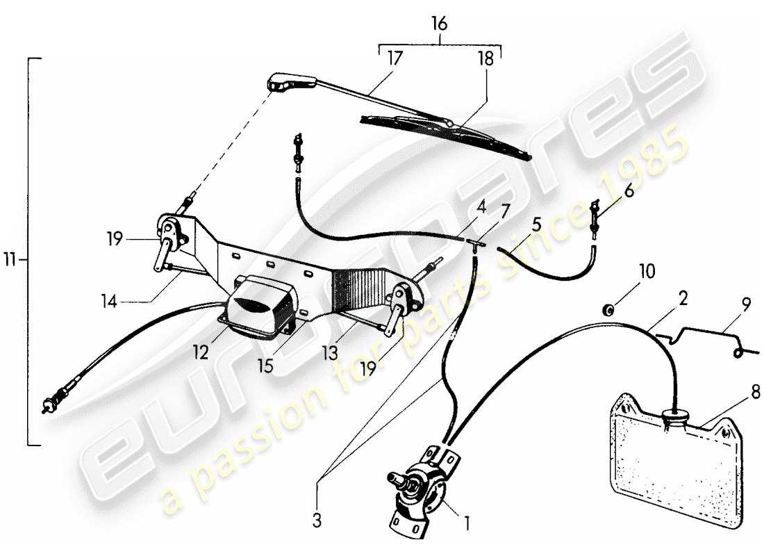 porsche 356/356a (1958) windshield washer unit - windscreen wiper system part diagram