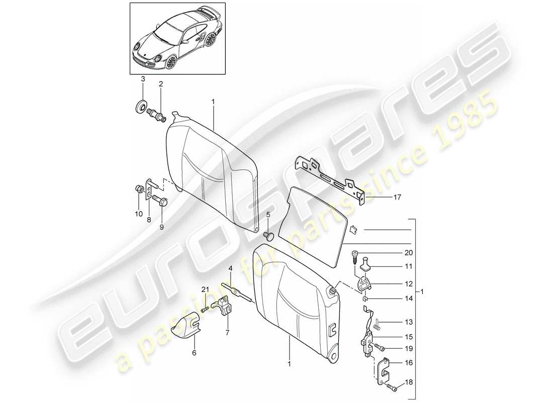porsche 997 t/gt2 (2009) emergency seat backrest parts diagram
