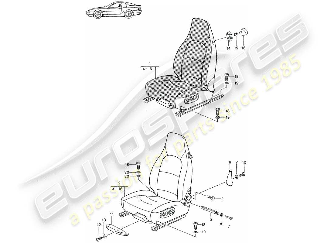 porsche seat 944/968/911/928 (1990) front seat - complete - all-electric - d - mj 1994>> - mj 1995 part diagram