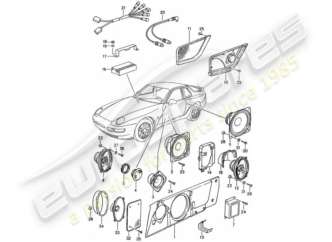 porsche 968 (1994) loudspeaker - sound system - amplifier - d >> - mj 1993 part diagram