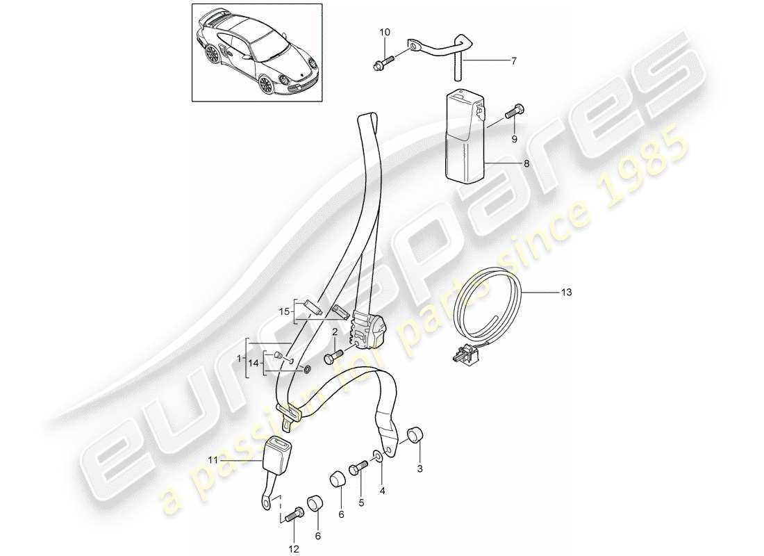 porsche 997 t/gt2 (2007) seat belt part diagram